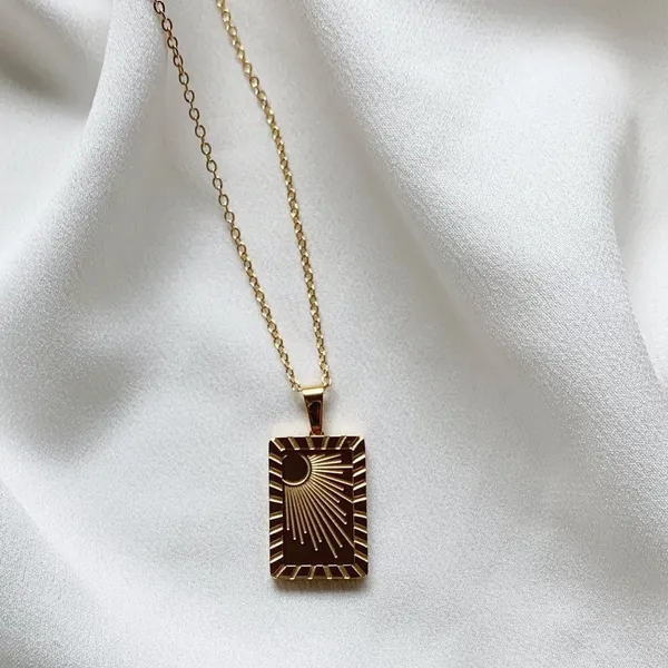 Boutique 18k Gold Sunburst Square Pendant Boho Necklace - Image 2