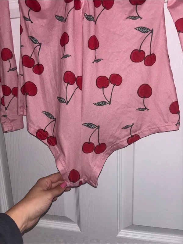 Juniors Pink Long Sleeve Romper Onesie Pajama Cherry Print Sweet Text - Image 4