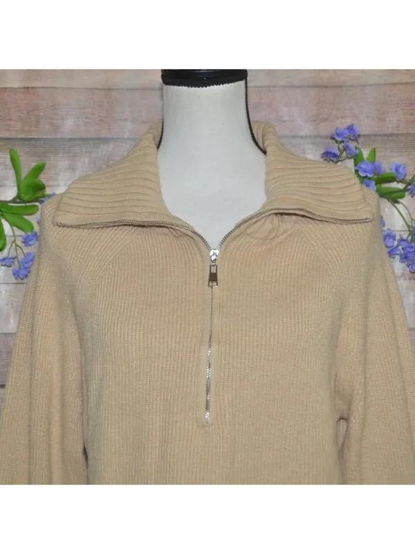 BTFBM Womens Tan Ribbed Knit High Neck Quarter Zip Sweater Size M So Soft Casual - Image 2