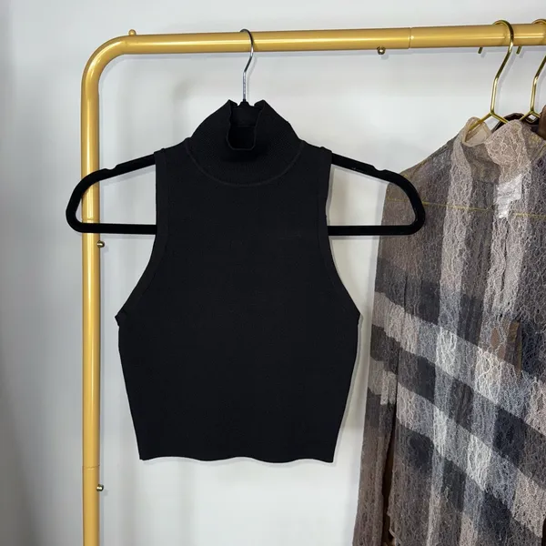 Zara Black Sleeveless Mock Neck Cropped Knit Top Womens Small EUC - Image 2
