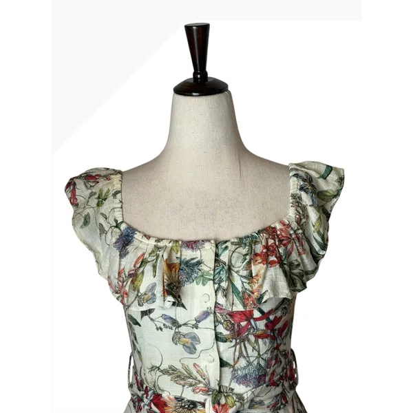 Zara Floral Off The Shoulder Dress Women Small Ivory Floral‎ Ruffle Boho Cottage - Image 4