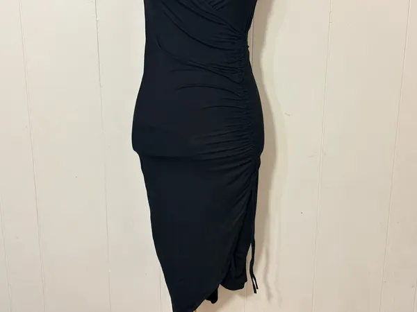 Pampelone Black Ruched Midi Dress Wrap Draped Spaghetti Strap Size M - Image 12