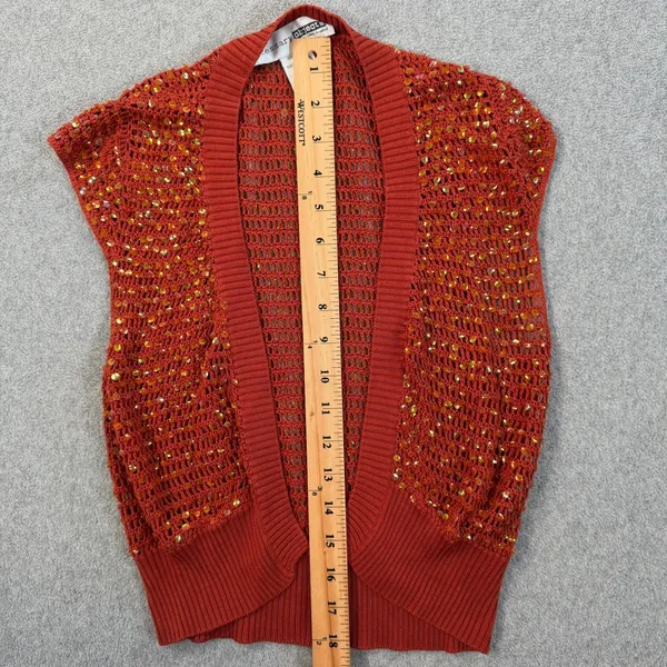 Necessary Objects Women's S Rust Orange Sequin 100% Silk Open Knit Cardigan Vest - Image 5