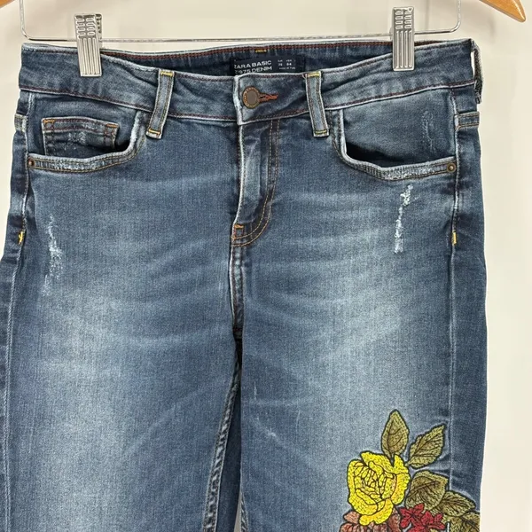 Zara Basic Z1975 Denim Women Blue Embroidered Rose Skinny Jeans Boho Size 4‎ - Image 4