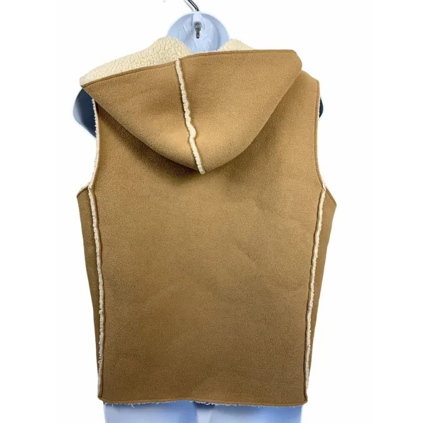 Ralph Lauren Medium Sleeveless Fleece Vest Womens Zip Up‎ Hooded Tan Faux Fur - Image 2
