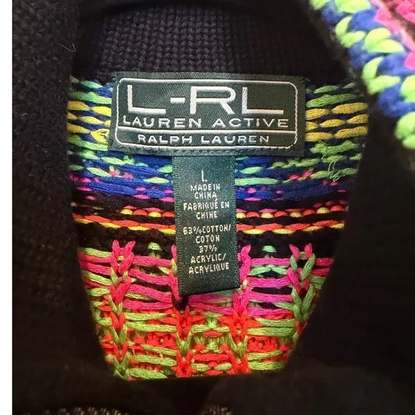 Ralph Lauren Active Full Zip Sweater Womens L Orange Multi Aztec Print Cotton - Image 2
