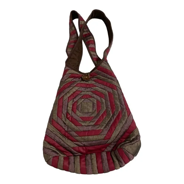 Boho Quilted Silk Shoulder Bag | Red Brown Patchwork Hobo | Coconut Button - Image 5