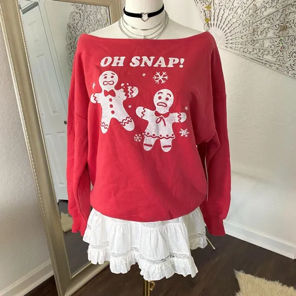 Nordstrom NWT Oh Snap Holiday Off the Shoulder Graphic Fleece Sweatshirt M Gingerbread Men - Image 2