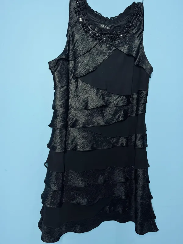 S.L. Fashions Size 14 Black Embellished Tiered Ruffle Cocktail Mini Dress - Image 8