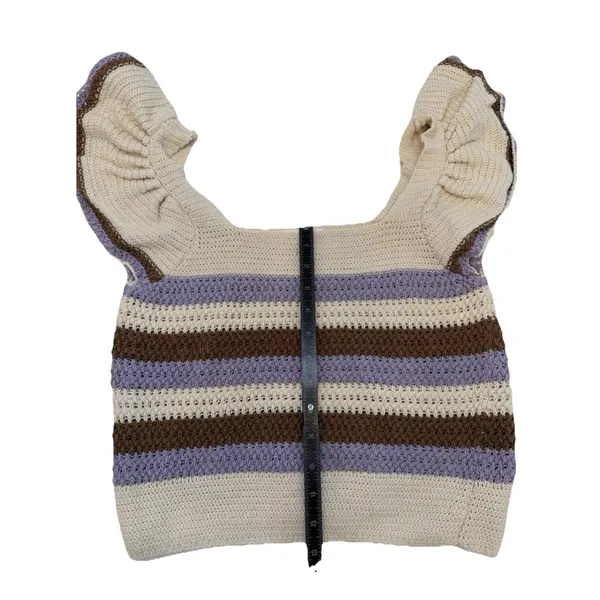 MNG Mango Beige Striped Knit Ruffle Flutter Sleeve Square Neck Cropped Top S - Image 10