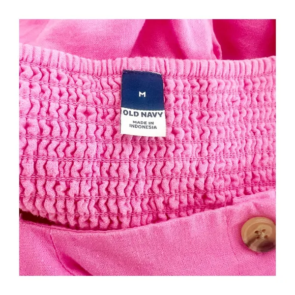Old Navy Mini Dress Women M Pink Linen Blend Puff Sleeve Button Front Barbiecore - Image 10