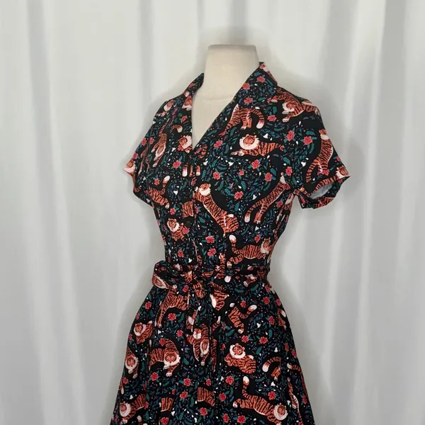EVA‎ ROSE Tiger Flower Field Knee Length Shirt Dress Shirtdress Tie Waist Small - Image 6