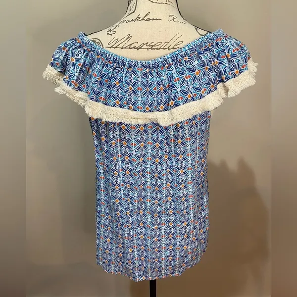 ROBERTA ROLLER RABBIT Lucia Fringe Off Shoulder‎ Top Blue Tile Print sz S - Image 2
