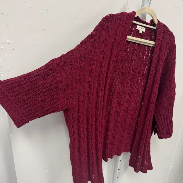 Umgee USA Burgundy Cable Open Front Chunky Knit Cardigan Oversized M/L Boho - Image 3