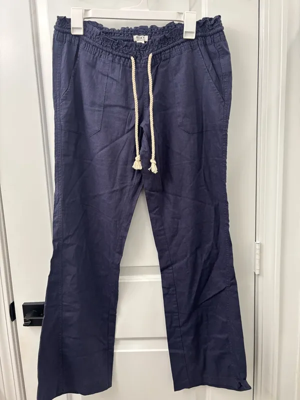 Roxy Oceanside Navy Blue Linen Drawstring Flare Pants Size L - Image 3