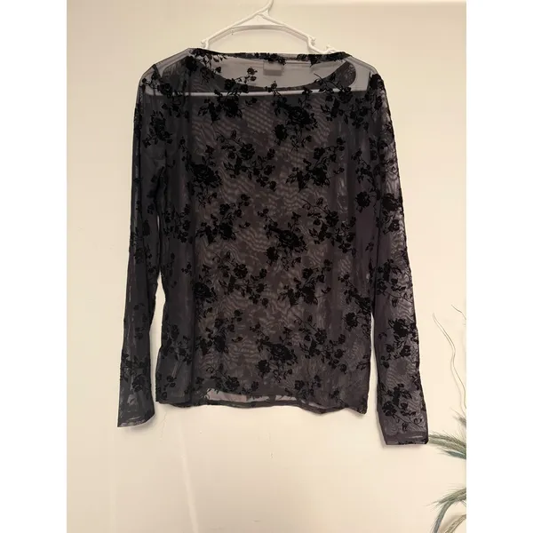 Abercrombie & Fitch Womens Black Floral Burnout Velvet Mesh Long Sleeve Top L - Image 3