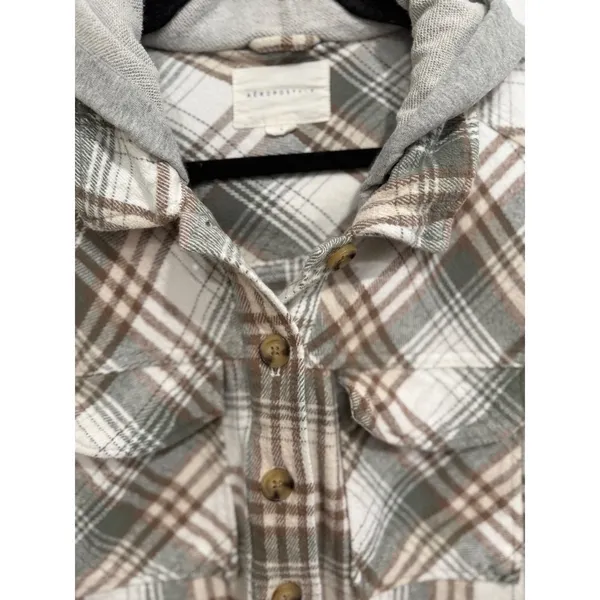 Aeropostale‎ Plaid Cropped Flannel Hooded Shacket Green Brown Large - Image 2