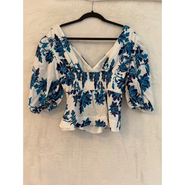 BoBo Bourgeois Boheme Blue Floral Embroidered Puff Sleeve Top Size 38 V-Neck - Image 5