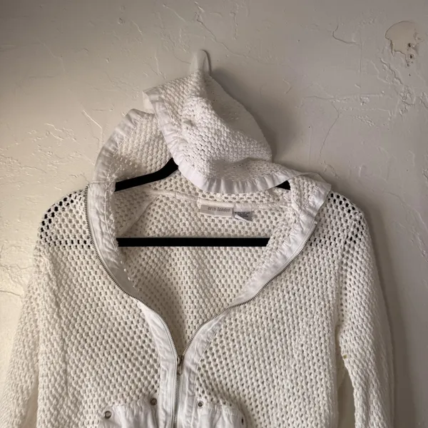 Erin London Y2k Sweater Medium White Hooded Mesh Zip‎ Up Knit Pockets Jacket - Image 2