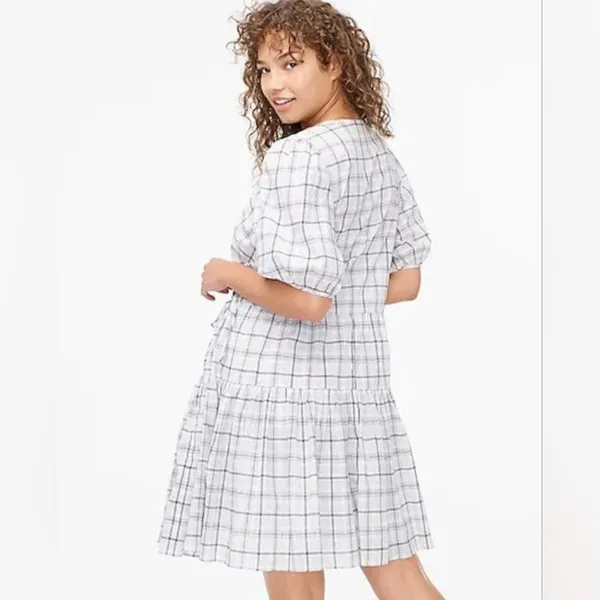 J.‎ Crew Cotton Voile Wrap Mini Dress Puff Sleeves In Oyster White Plaid Small - Image 3