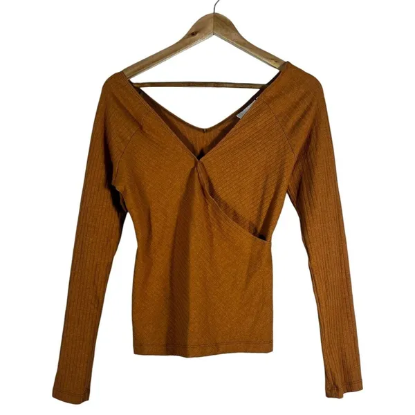 Maeve Anthropologie Ribbed Surplice Faux Wrap V-Back Top Burnt Orange Size Small - Image 2