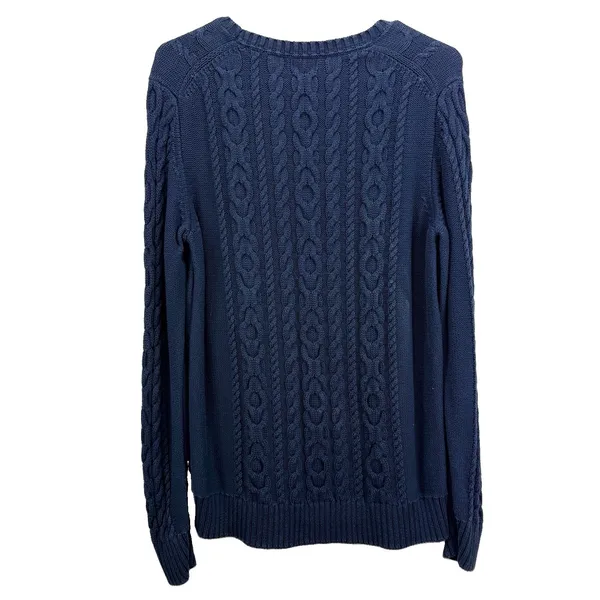 LL Bean Navy Blue Double L Mixed Cable Cotton Crew Neck Pullover Sweater LARGE - Image 6