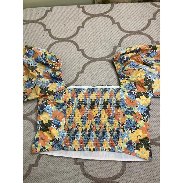 Abercrombie & Fitch square neck ruched puff sleeve top floral print, size large - Image 6