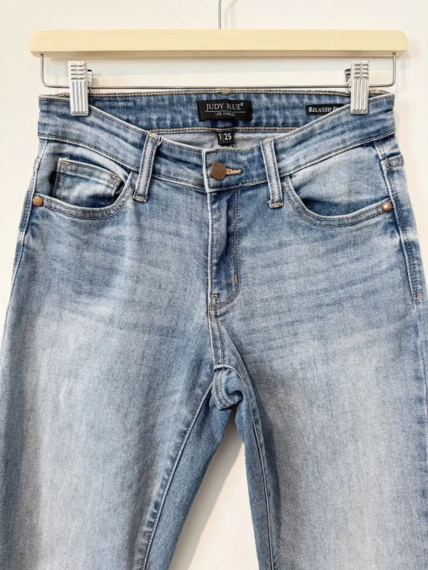 Judy Blue Jeans Size 25 Blue Mid Rise Relaxed Fit‎ Raw Hem Denim Grunge Indie - Image 2