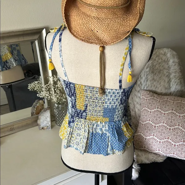 Natural life blue yellow boho floral patchwork smocked ruffle hem tops L XL​ - Image 12