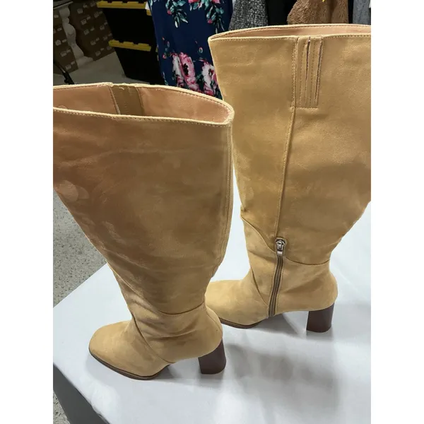 Womans New Coutgo Knee Length Boots 8.5 Cowhide Tan 1/4 Zip Block Heel - Image 3