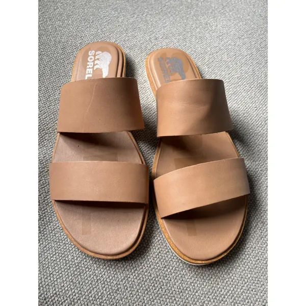 Sorel Ella Slides Sandals Tan Leather Womens 9.5 Slip On - Image 2