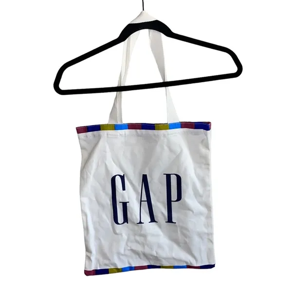 Gap NWOT Logo Canvas Tote White Rainbow Trim Minimalist Shopper Reusable Carryall‎ - Image 2