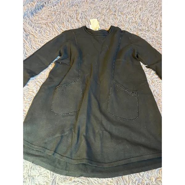 CMP55 Collection Womens Black‎ Knit Tunic Rhinestone Pocket Long Sleeve Top NEW - Image 2