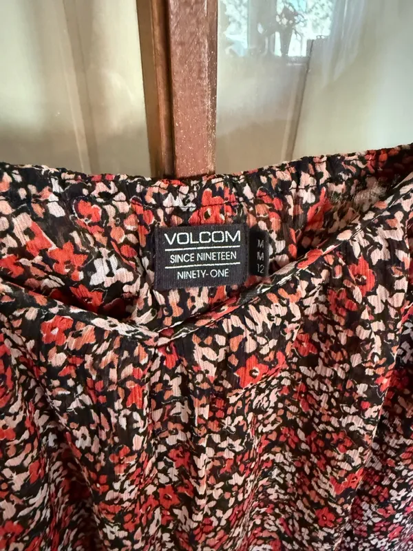 Volcom Laying Low Dress Red Floral Spaghetti- Strap V-Neck Swing Mini - Medium - Image 5