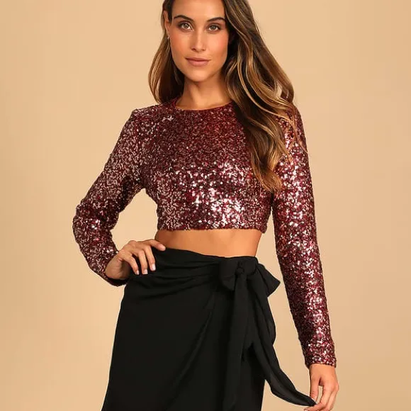 Lulus Prize-Winner Sequin Long Sleeve Crop Top Women's‎ Medium Burgundy Holiday - Image 2