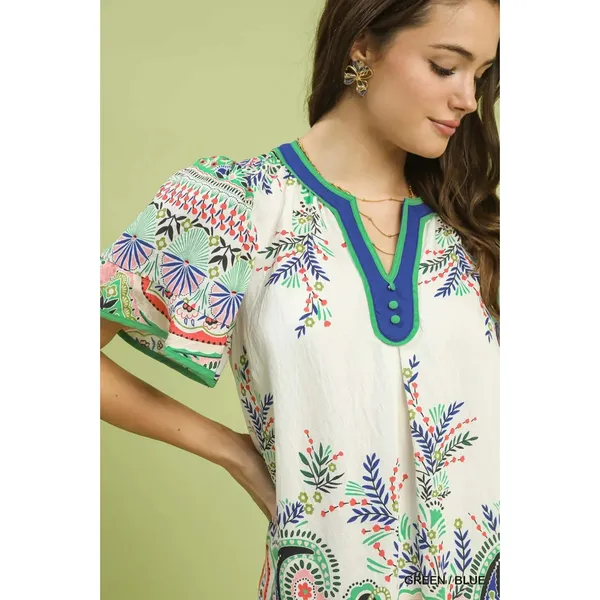 Umgee Paisley Flutter Sleeve Mini Dress - Green/Blue - Small - Image 4