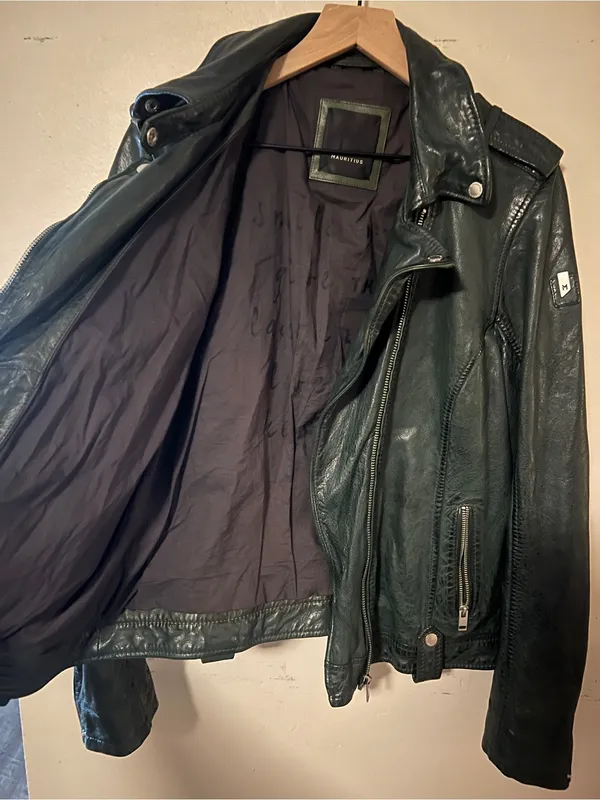 Mauritius Famos Dark Green Lamb Leather Moto Biker Jacket Regular Fit Size 14 - Image 7