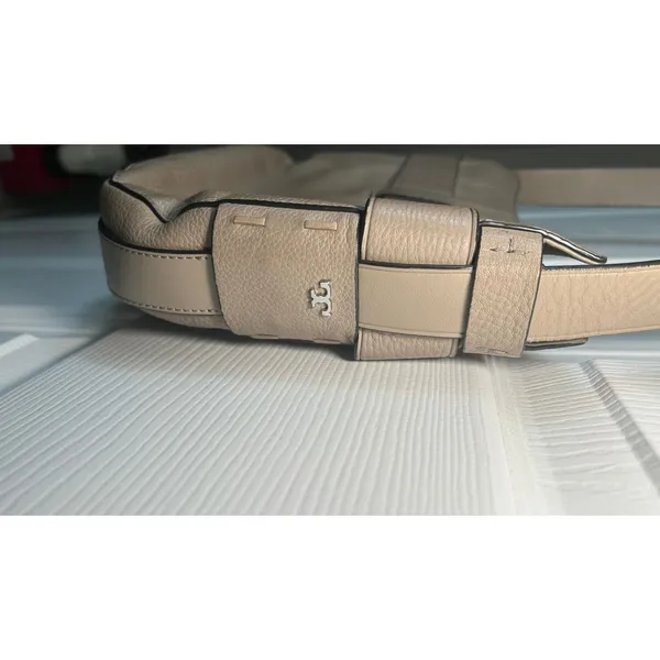 Tory‎ Burch Crossbody Bag Pebbled Leather Taupe Silver Logo Buckle Medium Greige - Image 3