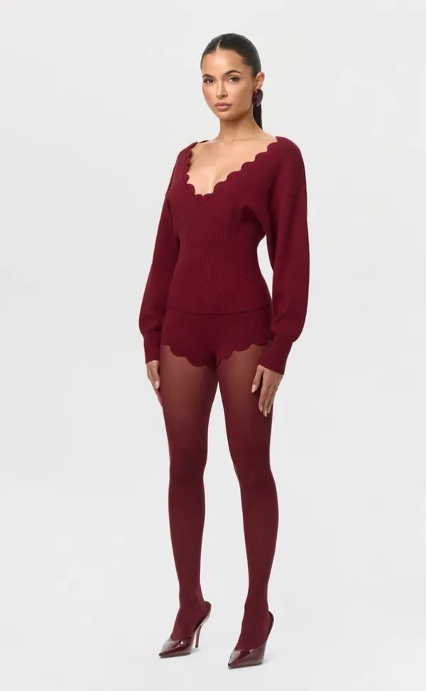 Naked Wardrobe Ribbed-Knit V-Neck Scallop Sweater & Shorts Set - Red - Image 4