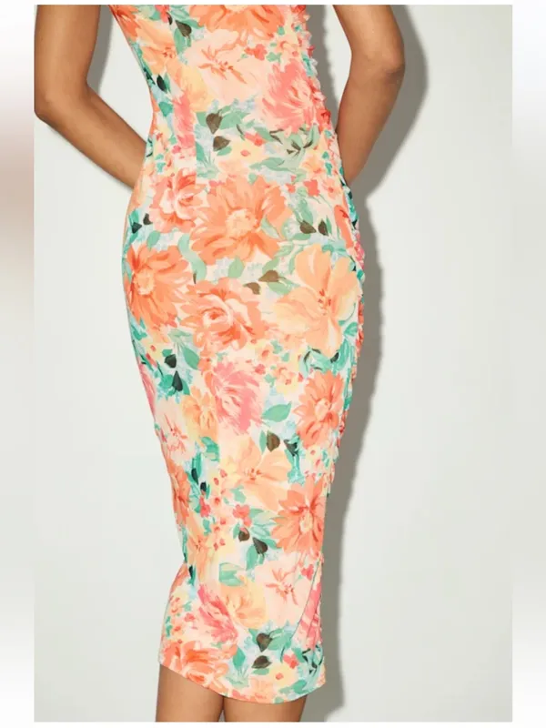 NWT * LULU’S Date Night Beauty Orange Floral Print Mesh Ruched Midi Dress Sm - Image 4