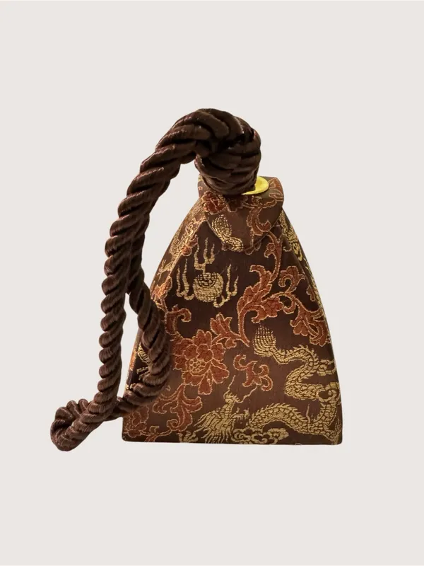 VTG Asian Brocade Dragon Knot Handle Handbag Brown Satin Mini Evening Bag Clutch - Image 4