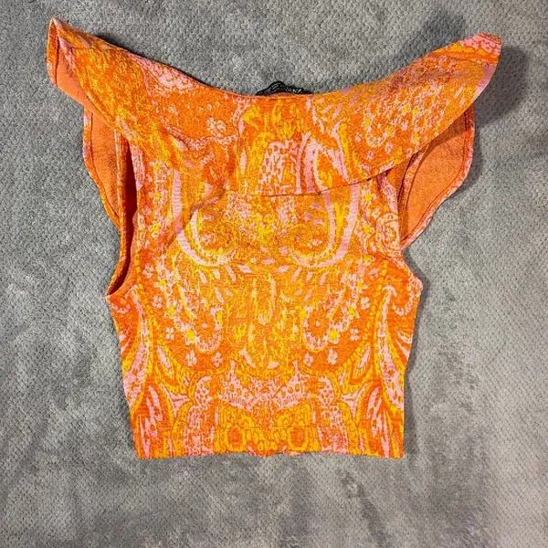 Zara Small Orange Pink Paisley Knit Crop Top Deep V Neck Cap Sleeve Ruffle Neck - Image 7
