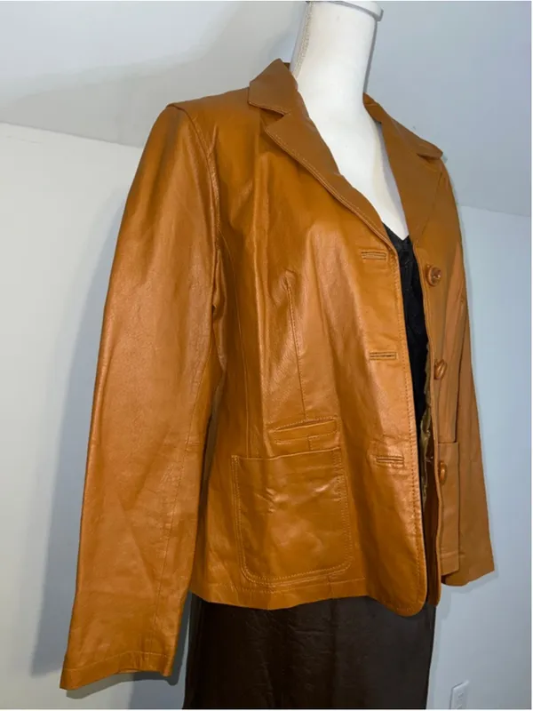 Caramel Tan Leather Jacket Size 14 blazer Coat - Image 2