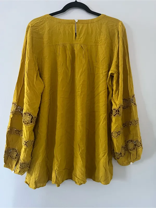 Loft Mustard Yellow Babydoll Peasant Blouse 14 Cottagecore Eyelet Embroidered - Image 5