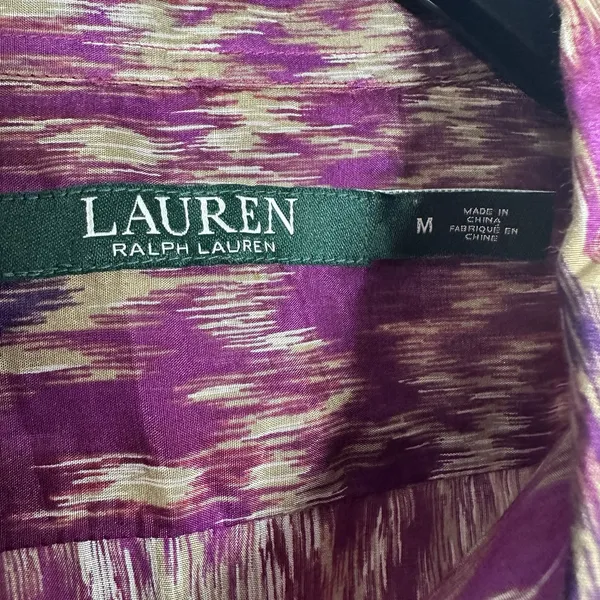 LAUREN Ralph Lauren‎ Womens Medium Silk Cotton Button Up Shirt Purple Ikat Print - Image 6