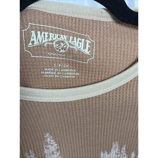 American Eagle Waffle Knit Graphic Thermal Womens‎ Size S Tan Forest Y2K Cotton - Image 4