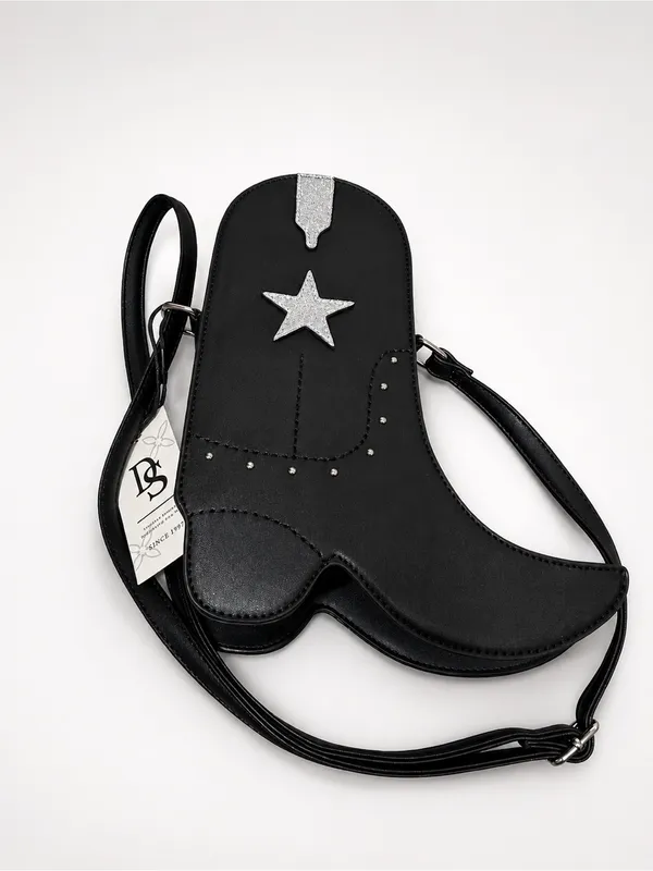 DS Black Cowboy Boot-Shaped Crossbody Bag with Star Accent - Image 3
