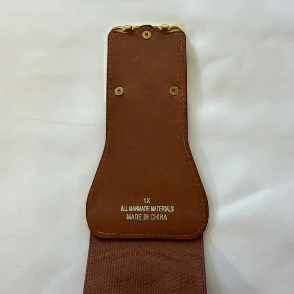 Brown Elastic Cinch Belt‎ Gold Interlocking Buckle Faux Croc Wide 1X - Image 2