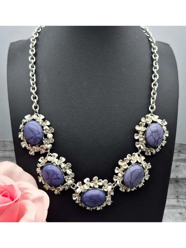Silver-Tone Necklace W/ Purple Marble Stones & Floral Accents 21" Chain Length - Image 2