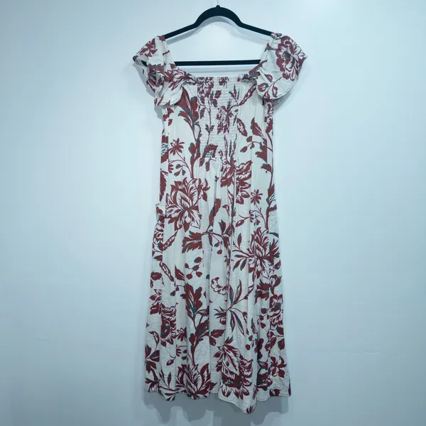 Anthropologie Cream & Red Floral Oahu Off The Shoulder Midi Dress Size 6 - Image 6